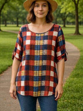 Shein Bold Plaid Super Lightweight Short Sleeve Top Blues Cream Mustard Wine 4X